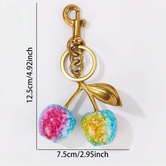 Gold Cherry Multicolor Bag Purse Charm Keychain - Picture 4 of 7